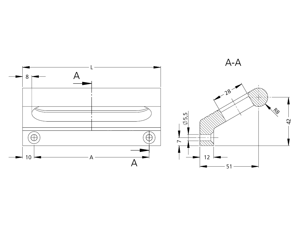 Technical drawing of WP aluminium profile showing front view and cross-section A-A with detailed measurements and hole placements.